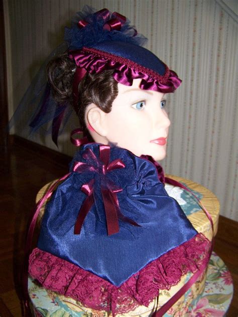 Ladies Civil War Hat Fascinators Navy Blue And Burgundy Satin Victorian