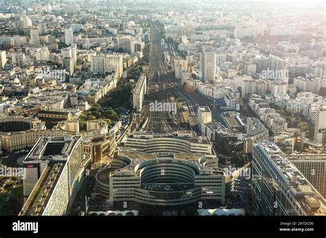 The Gare Montparnasse Railway Station In Paris Aerial View With Sun