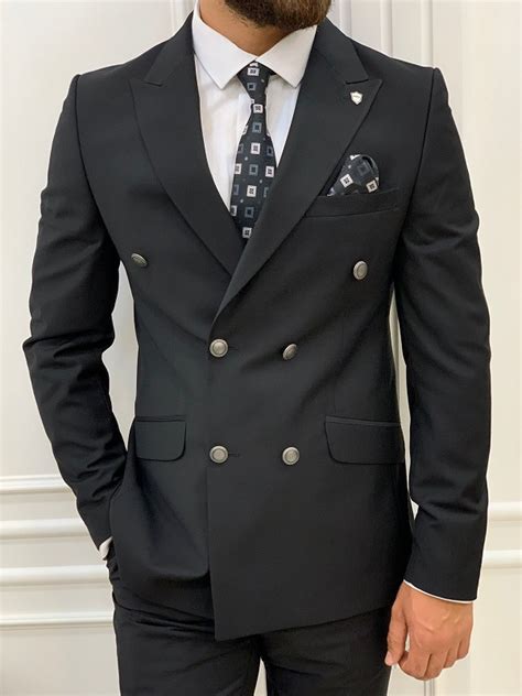 Black Slim Fit Peak Lapel Double Breasted Suit For Men By