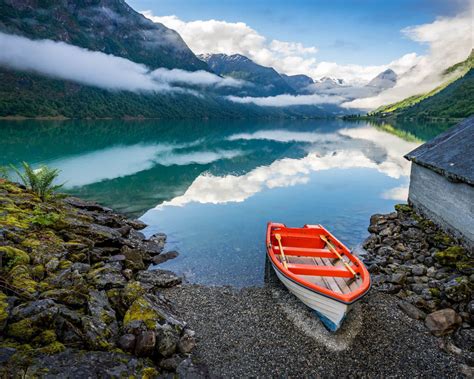 Norway Country In Europe Fjords Lake Mountains Boat Evaporation