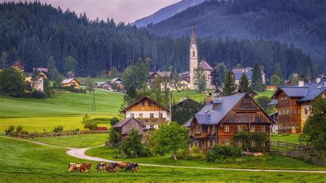 Wallpaper Gosau Austria Alps Church Houses Village Trees