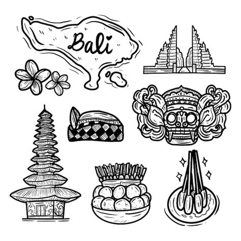 Icono De Dibujo A Mano De La Isla De Bali Doodle Gran Conjunto De