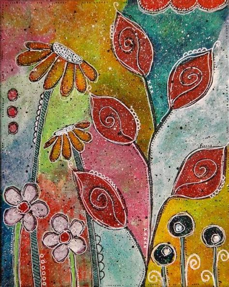 Mixed Media On 8x10 Flat Panel Canvas Whimsical Flowers Leaves Betty