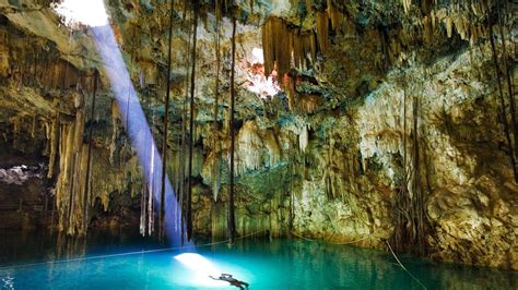 Light Landscapes Nature Cave Swimming Stalactites Azure