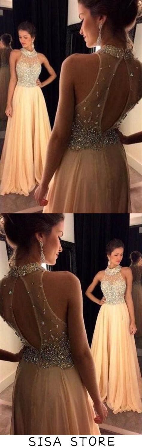 Champagne Chiffon Crystals Beaded Sleeveless A Line Open Back Halter