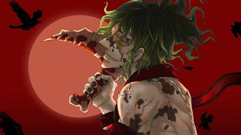 Demon Slayer Scary Gyutaro With Background Of Red And Moon And Flying