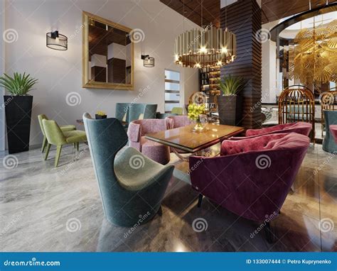 Luxury Modern European Design Cafe Interior In Downtown With Colorful