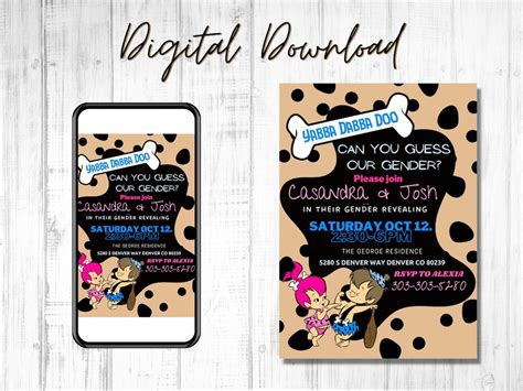 Pebbles And Bam Bam Gender Reveal Digital Invitation Tan And Etsy