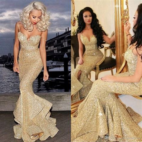 2016 Gold Mermaid Prom Dresses Sleeveless Sweetheart Sequins Sweep