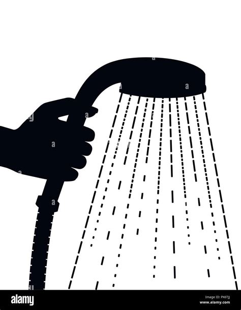 Black Silhouette Hand Hold Shower Head Water Drops Flat Vector Illustration Isolated On White