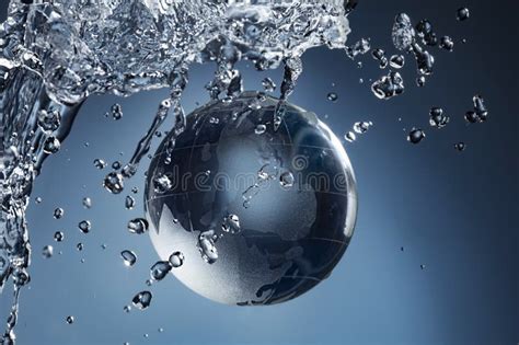 Glass Globe Planet In Drop Water Splash On Blue Background Stock