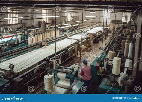 Textile Factory With Machines And Workers Producing Fabric In Mass
