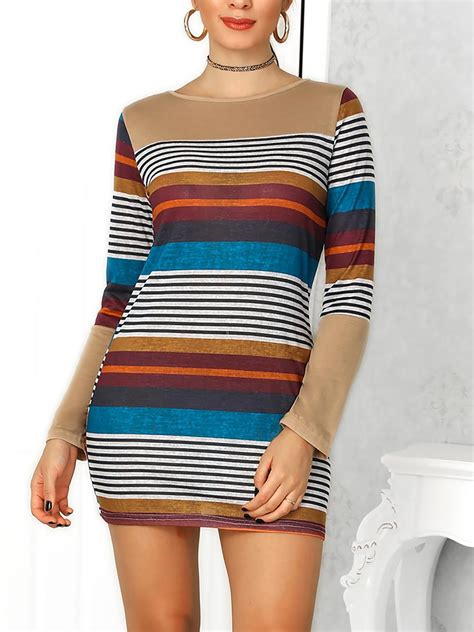 Multi Color Stripes Long Sleeve Dress Chicme Chicme Fashion