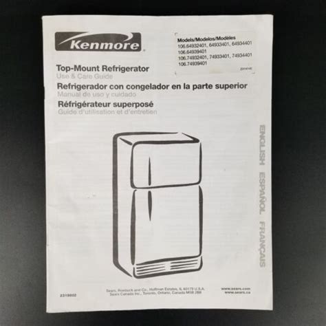 Kenmore Top Mount Refrigerator Use And Care Guide 2319802 For 106