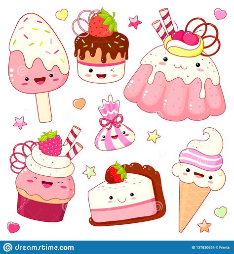 Set Of Cute Sweet Icons In Kawaii Style Stock Vector Illustration Of