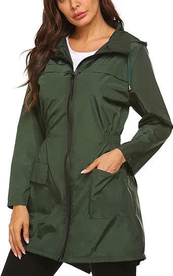 Besshopie Rain Jacket Women Lightweight Packable Waterproof Hooded Long Raincoat Outdoor S XXL