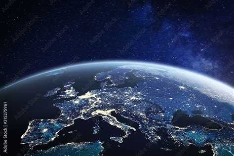 Europe Viewed From Space At Night With City Lights In European Union