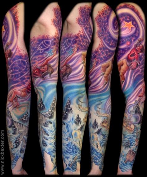Wonderful Colored Massive Fantasy World Tattoo On Sleeve Tattooimagesbiz