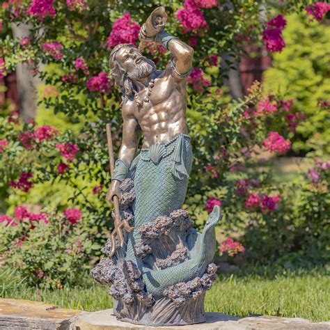 52 Tall Magnesium Merman Garden Statue With Seashell Spyglass