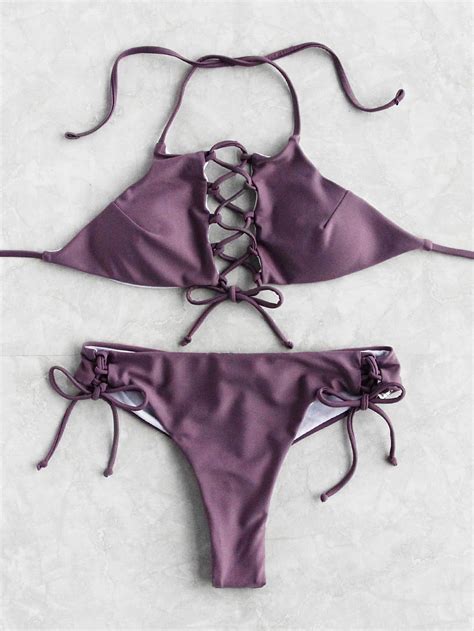 Shop Criss Cross Lace Up Halter Bikini Set Online Shein Offers Criss Cross Lace Up Halter