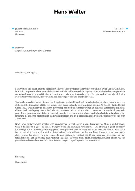 Related posts to sample cover letter for humanitarian job. Dentist Cover Letter Example | Kickresume