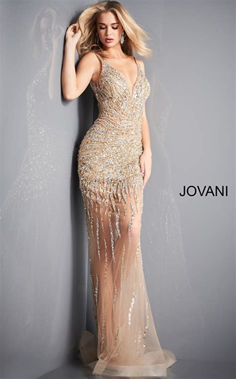 Jovani Gold Silver Sheer Beaded Prom Dress