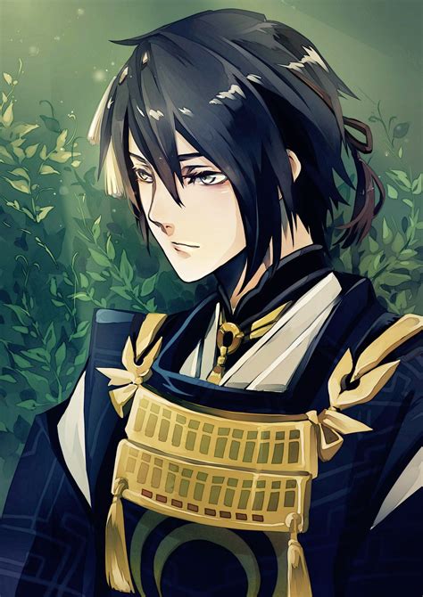An Anime Character With Black Hair And Gold Trimmings Holding A Knife