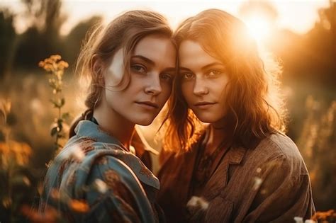 Premium Ai Image Two Lgbt Lesbian Girls In Love Hug In Field In Summer Sunset Generative Ai