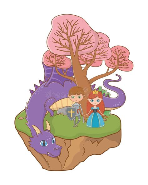 Princess Knight And Dragon Of Fairytale Design Vector Illustration