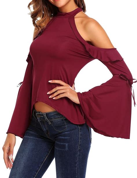 Women Cotton Sexy Cold Shoulder Ruffle Bell Sleeve Blouse T Shirt Wine Red Cr186e2aitz