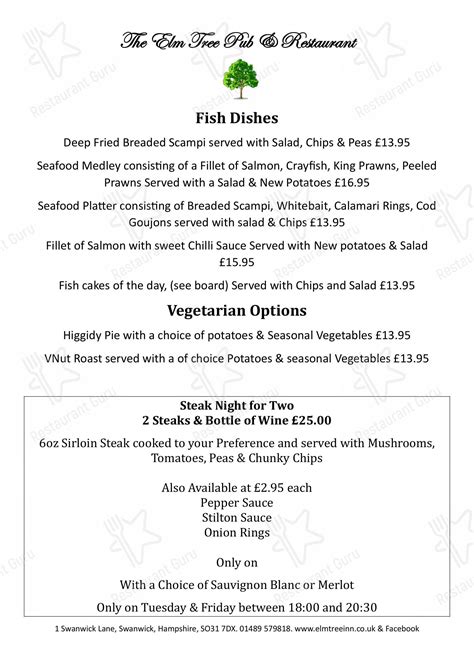 Menu At The Elm Tree Inn Pub And Bar Southampton 1 Swanwick Ln