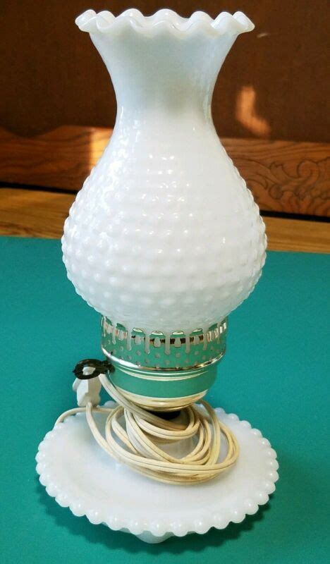 Vintage White Hobnail Milk Glass Electric Hurricane Lamp With Ruffled