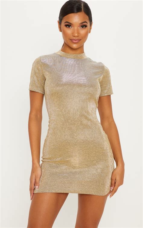 Gold Glitter High Neck Bodycon Dress Prettylittlething Ca
