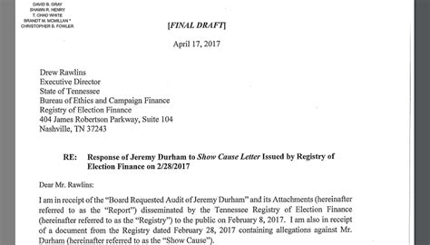 How to write letter of reply of show cause notice / in show cause notice. Former State Rep. Jeremy Durham Responds to Registry of ...