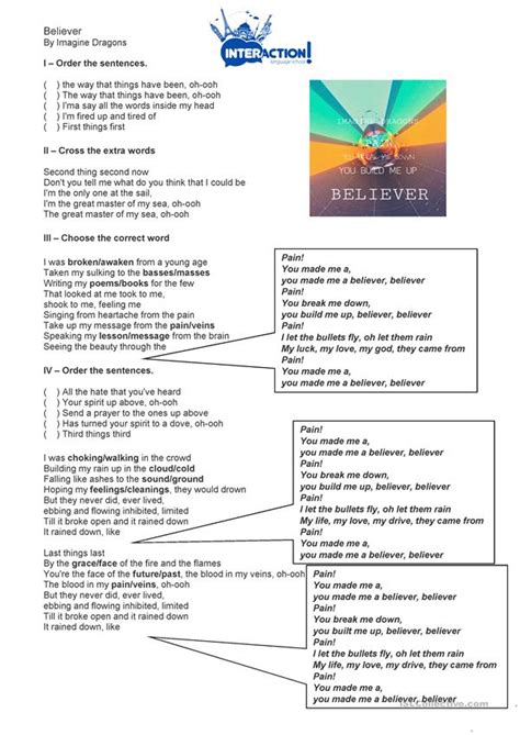 Believer By Imagine Dragons English Esl Worksheets For