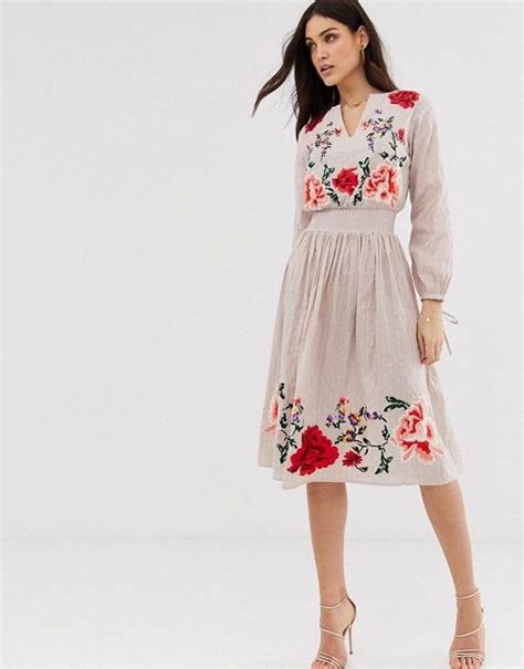 Asos Design Floral Embroidered Midi Dress Asos Robe Mi Longue Robes Midi Robe Midi Plissée