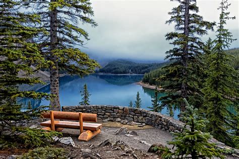Lake Moraine Banff National Park Lake Trees Firs Bench Forest