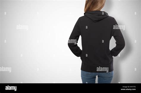 Young Girl In Black Sweatshirt Black Hoodies Front View Isolated On