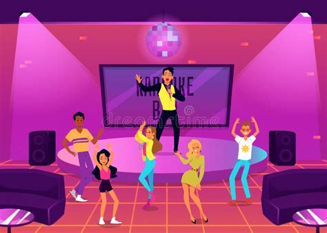 People Having Dance And Music Party In Karaoke Bar Flat Vector