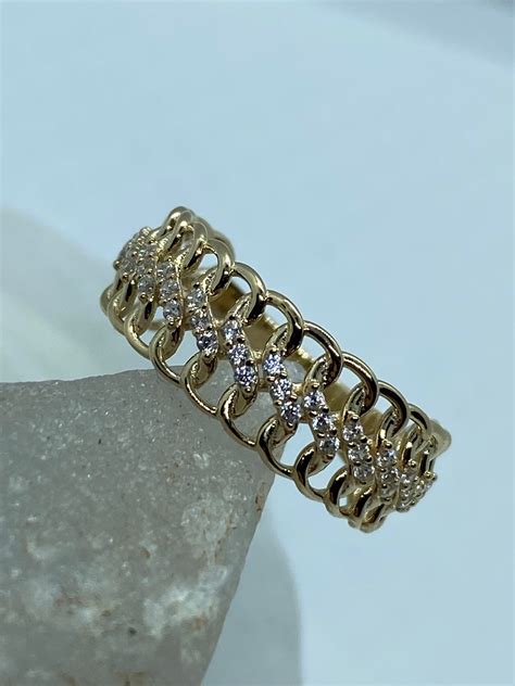 14k Solid Gold Double Curb Chain Ring Gold Chain Ring Gold Etsy