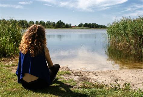 Girl Looking At Lake Stock Photo Image Of Clouds Horizontal 64255380