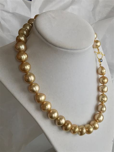 Cultured Golden South Sea Baroque Pearl Necklace With Sapphire Toggle Clasp K Gsss