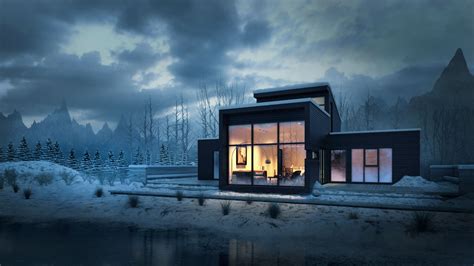412592 4k House Lake Cabin Water Trees Night Snow Winter Pine