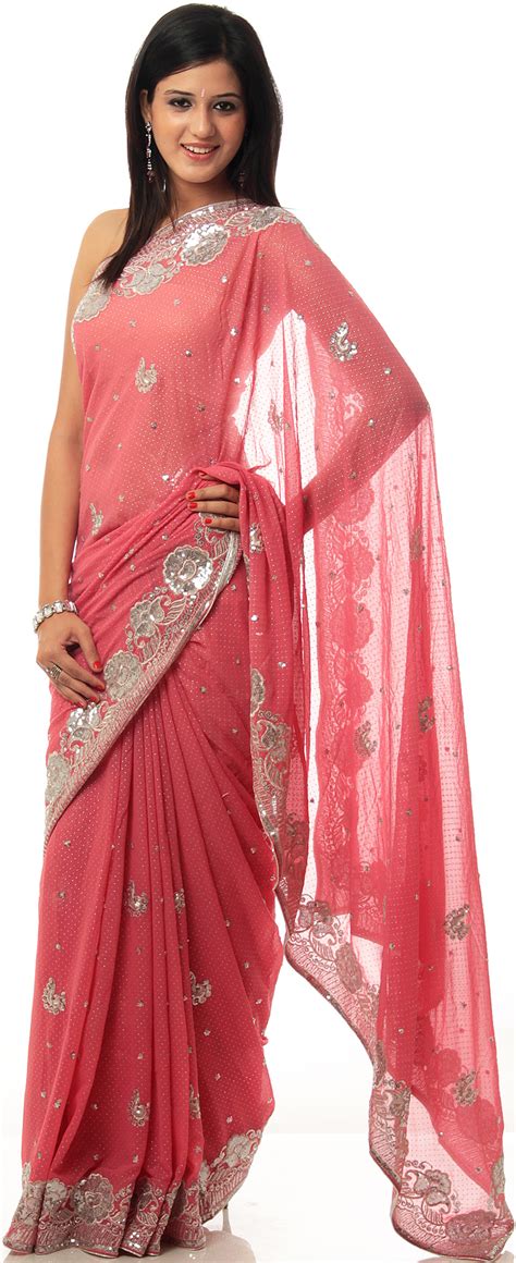rose pink sari with crewel embroidered flowers and mokaish work all over