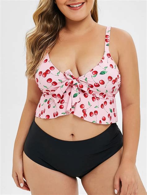 Plus Size Tied Cherry Print Flounce Bikini Set Tie Bikini Set Bikini Material Flounce Bikini