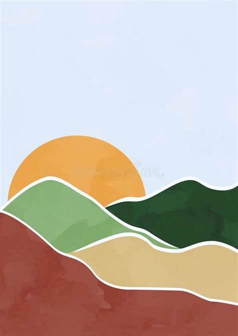 Modern Abstract Minimalist Landscape Posters Hills Fields And Sun