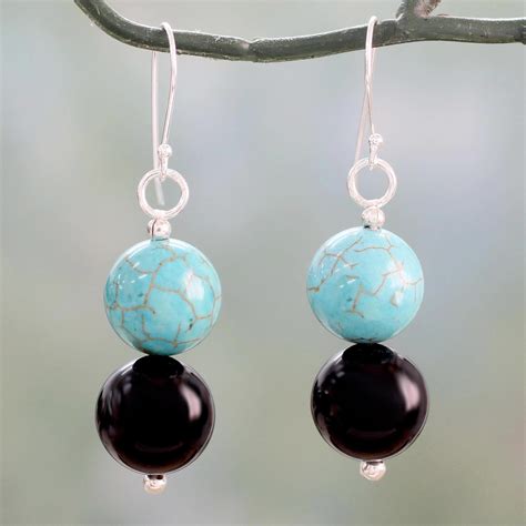 Azure At Midnight Onyx Earrings With Reconstituted Turquoise Crafted