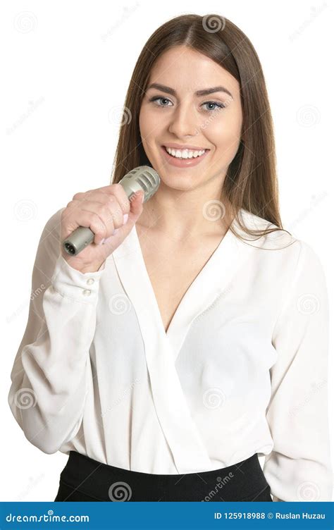 Young Woman With Microphone On White Background Stock Photo Image Of