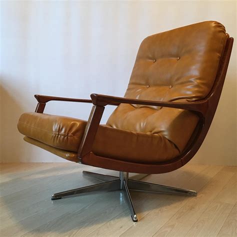 Midcentury Modern German Camel Leather Swivel Lounge Chair, 1960s | #89592
