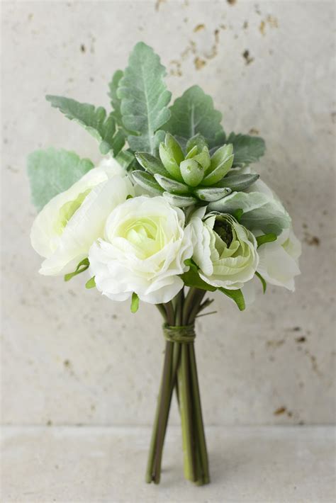 If you want to throw away your bouquet at the end of the night, but don't want to ruin the hard work of the florist, make your bouquet. White Flowers & Succulent Bouquet | Green cream ...